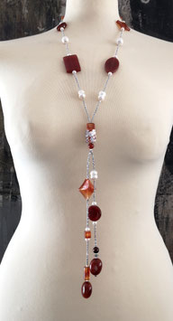 Y-Kette Unique SUNSHINE - aus Carneol und Achat mit weißen Perlen und Hämatit silber