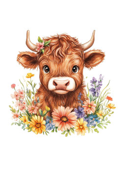 Bügelbild 111 - Highland Kalb mit Blumen