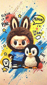 French Terry Panel - Labubu mit Pinguin