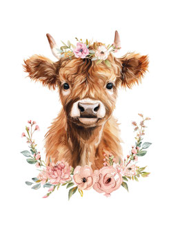 Bügelbild 112 - Highland Kalb mit Blumenkranz I