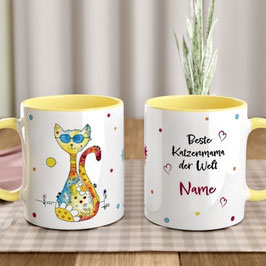 Tasse "Beste Katzenmama der Welt mit Namen personalisiert, Katzen-Motiv, Sunshine Cat