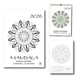 Ausmalkalender Mandala, 13 Mandala-Motive + 2 Lesezeichen, DIN A4 mit Spiralbindung zum Aufhängen