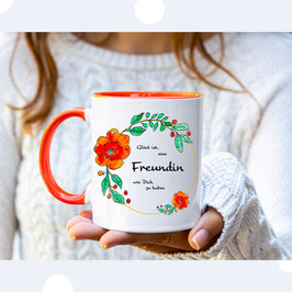 Tasse Glück ist eine Freundin wie dich zu haben, Blumenkranz orange