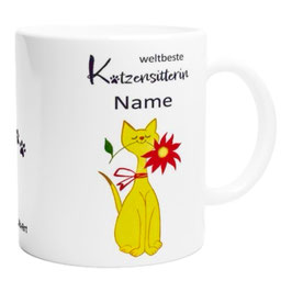 Weltbeste Katzensitterin Tasse personalisiert mit Namen, Katzenmotiv: Gelbe Katze