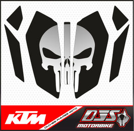 kit complet caches phares microperforés DJS pour KTM duke 390 (2024-2026) - réf 002 punisher - fond noir logo gris