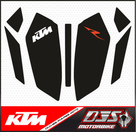 kit complet caches phares microperforés DJS pour KTM duke 390 (2024-2026) - réf 003 - fond noir logo orange et blanc