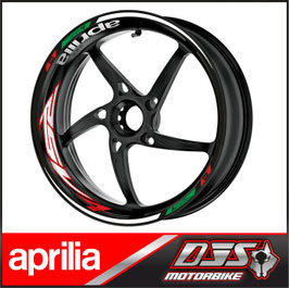 Liserés de jantes APRILIA RSV4 PREMIUM MODELE 2 FOND ROUGE VERT BLANC POUR JANTES NOIRES