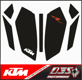 kit complet caches phares microperforés DJS pour KTM duke 390 (2024-2026) - réf 004 - fond noir logo orange et blanc