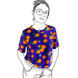 Tee-shirt LUZ "ORANGES sur fond bleu violet"