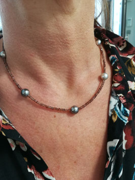 Leider verkauft - Collier in Weißgold 585/000 mit braunen Zirkonen und Tahiti-Zuchtperlen
