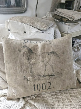 VERKAUFT Kle 24.11.  PFERD 1902 Leinenkissen aus antikem Getreidesack Leinen
