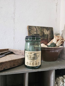VERKAUFT Bru 13.03. CREME DE CACAO L'IDEALE Uraltes Vorratsglas mit antikem Etikett