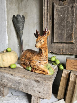 VERKAUFT Kle 06.07. sehr alte handbemalte Pasteten-Dose HIRSCH Michel CAUGANT barbotine