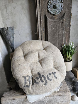 VERKAUFT Büc 06.04. 40cm BLEHER rund Stuhlkissen Sitzkissen aus antikem Getreidesack Leinensack