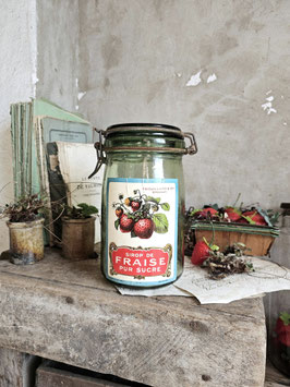 VERKAUFT Gol 22.04. SIROP DE FRAISE L'IDEALE Uraltes Vorratsglas mit antikem Etikett