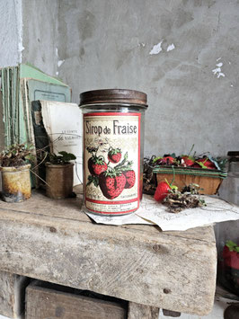 VERKAUFT Fis 26.03. SIROP DE FRAISE Uraltes Vorratsglas mit antikem Etikett