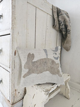 VERKAUFT Ker 07.02. HASENKISSEN Leinenkissen HASE springend dunkel  Getreidesackkissen