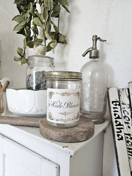 HUILE BLANCHE Uraltes Vorratsglas mit antikem Etikett