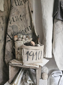 VERKAUFT Ele 02.04. 1910 Nestkorb Leinenbeutel Eierkorb Brötchenkorb aus antikem Geitreidesack-Leinen