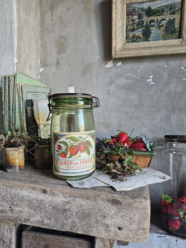 VERKAUFT Sin 23.03. SIROP DE FRAISE L'IDEALE Uraltes Vorratsglas mit antikem Etikett
