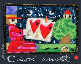 Francesco Musante - Cuori uniti cm 8x10 su cartoncino blu