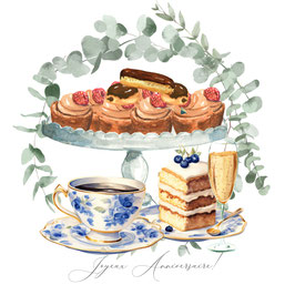 Carte anniversaire, Gateaux,café, flute de champagne