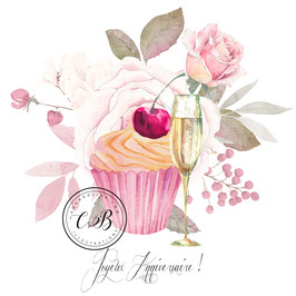 Carte anniversaire cup cake bouquet de roses et champagne