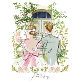 Couple de mariés, porte et fleurs