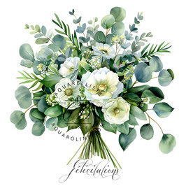 Félicitations, bouquet de fleurs blanc et vert