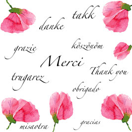 Carte Merci dans plusieurs langues pétales roses