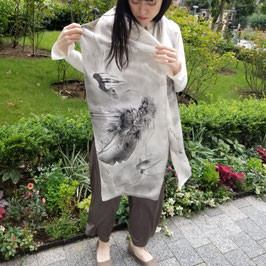 Reversible Silk Shawl, Sumi-e Dragon & Cherry Blossom, Antique Kimono Fabric