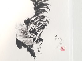 Rooster, Framed Sumi-e Painting, Japanese Ink Art