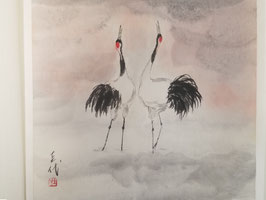Red-Crowned Crane, Framed Sumi-e Painting, Japanese Ink Art