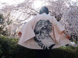Hand-Painted Tiger, Unisex Antique Haori Kimono Coat, Sumi-e Art
