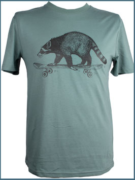 Graugrünes Herren Bio Baumwollshirt Waschbär auf Skateboard