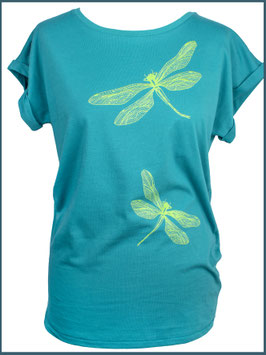 Petrolfarbiges Rollsleeve Baumwollshirt Libelle