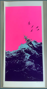Papierdruck Blausalzen Schiff Neonpink