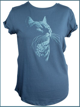 Denimblaues rollsleeve T-shirt Katze