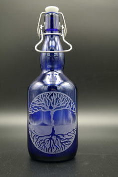 0,75L blaue Glasflasche - Lebensbaum