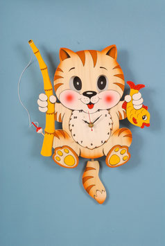 Pendel-Uhr Katz mit Angelrute