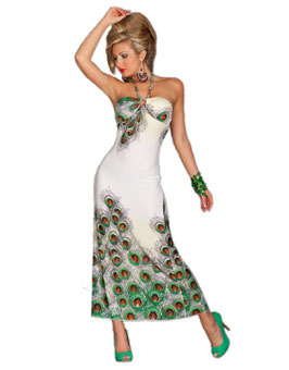 Maxi Kleid Pfauenmuster, Grün