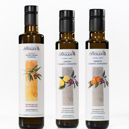 BIOLEA Bio Olivenöl Kolymbari Kreta – Trio Geschenkset | 500 ml Klassik + 250 ml Narantzi-Orange + 250 ml Limone – steingemahlen & kaltgepresst