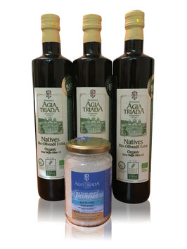 Sparpaket 3x750ml Premium BIO Olivenöl + 250g Fleur de Sel Kloster Agia Triada-Kreta