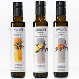 BIOLEA Bio Olivenöl Extra Nativ Kolymbari Kreta – Trilogie 3×250 ml | Klassik, Bio Limone & Bio Narantzio-Orange – steingemahlen & kaltgepresst