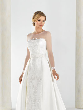 Vestido mikado bordado con encaje y sobrefalda