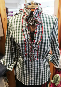 Bluse - Tracht Damenbluse grün - weiß kariert mit Rüschen und roter Paspolierung - 3/4 Arm - gezogen - bügelfrei -  Gr 34 - Damen Tracht