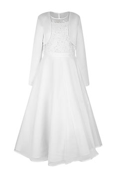 Erstkommunionkleid - Setangebot -  Blumenmuster am Brustteil - weiß - Gr 128 - Kommunionkleid