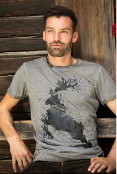 Shirt - Tracht - Trachtenshirt Splash- grau melange - Hirschmotiv - Herrentracht