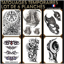 Tatouages temporaires NOIR (lot No.8) 6 planches 21 cm X 15 cm