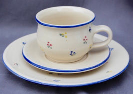 Tasse 1985 - blaue Blumen Setpreis -ca.  ∅ 9 cm, H. 7 cm. 250 ml. Teller ∅ 20 cm